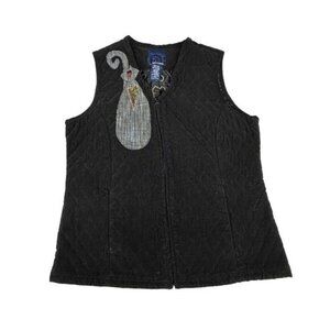 Basic Editions Women's S Vintage Corduroy Zip Vest Handmade Crazy Kitty Cat Lady